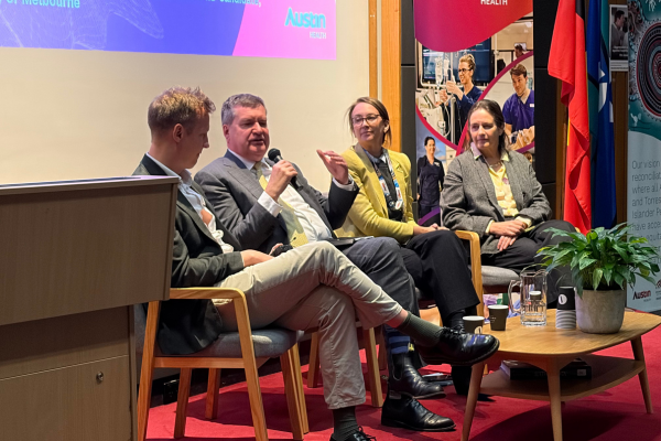 Austin Health CEO Jodie Geissler, Professor Harriet Hiscock, Professor Euan Wallace from Monash Health and local IBD Pharmacist Patrick Hilley, at Austin Health's ResearchFest 2026
